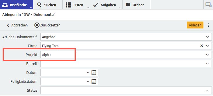 Dokumente nach Projekt sortieren